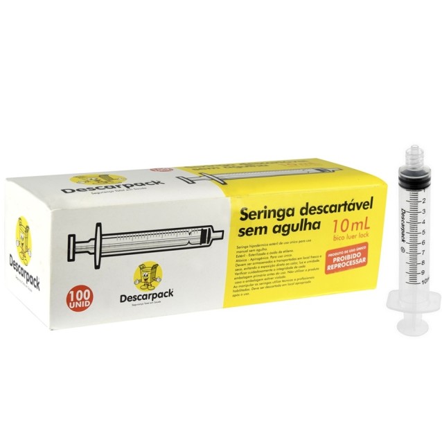 Seringa descartável 10ml - Descarpack - Bico luer lock - Caixa com 100 unidades