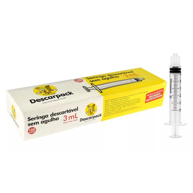 Seringa descartável 3ml - Descarpack - Bico luer lock - Caixa com 100 unidades